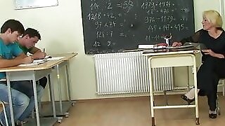 Old mature teacher sucks and rides cock at same time