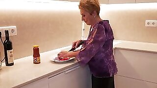 Old hairy granny fucks with stepson in the KITCHEN