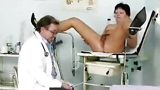 Unshaven housewife Eva visits gyno doc fuck hole i