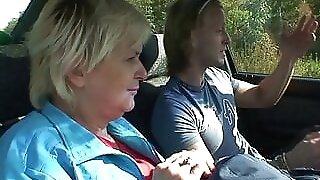 Hitchhiking blonde granny gets doggy-fucked roadside