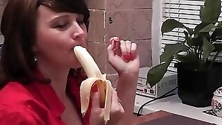Woman without panties eating banana, strawberry whip cream and masturbate