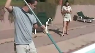 MILF gets sex by the swimming pool