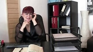 office hairy mature boss swallows two cocks at once